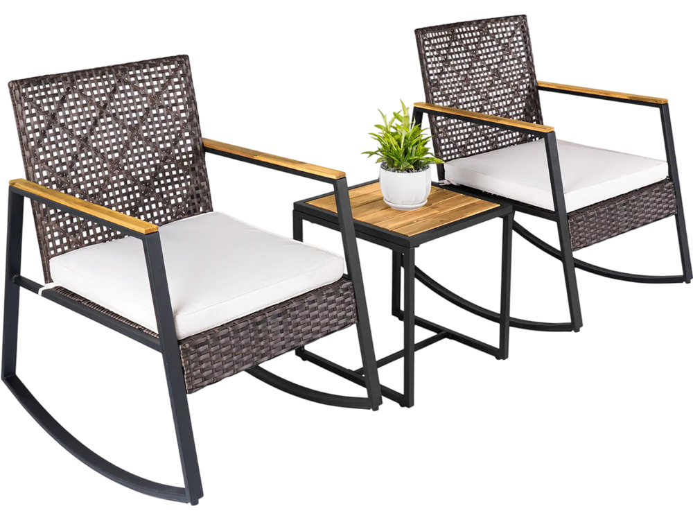 3-piece wicker rocking chair set with beige cushions and coffee table, featuring ergonomic armrests and diamond-pattern.