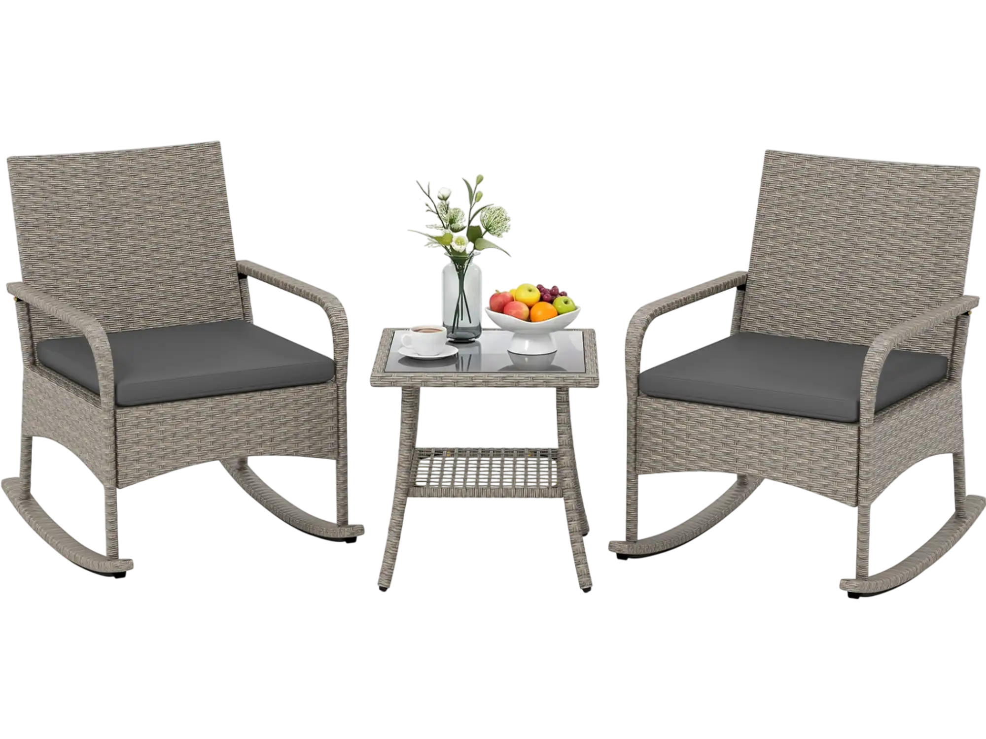 Costway 3-Piece Wicker Rocking Bistro Set w/ Cushions Garden Backyard Porch 60083830 New
