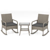Two gray wicker rocking chairs with cushions and a coffee table, perfect for garden or backyard relaxation.