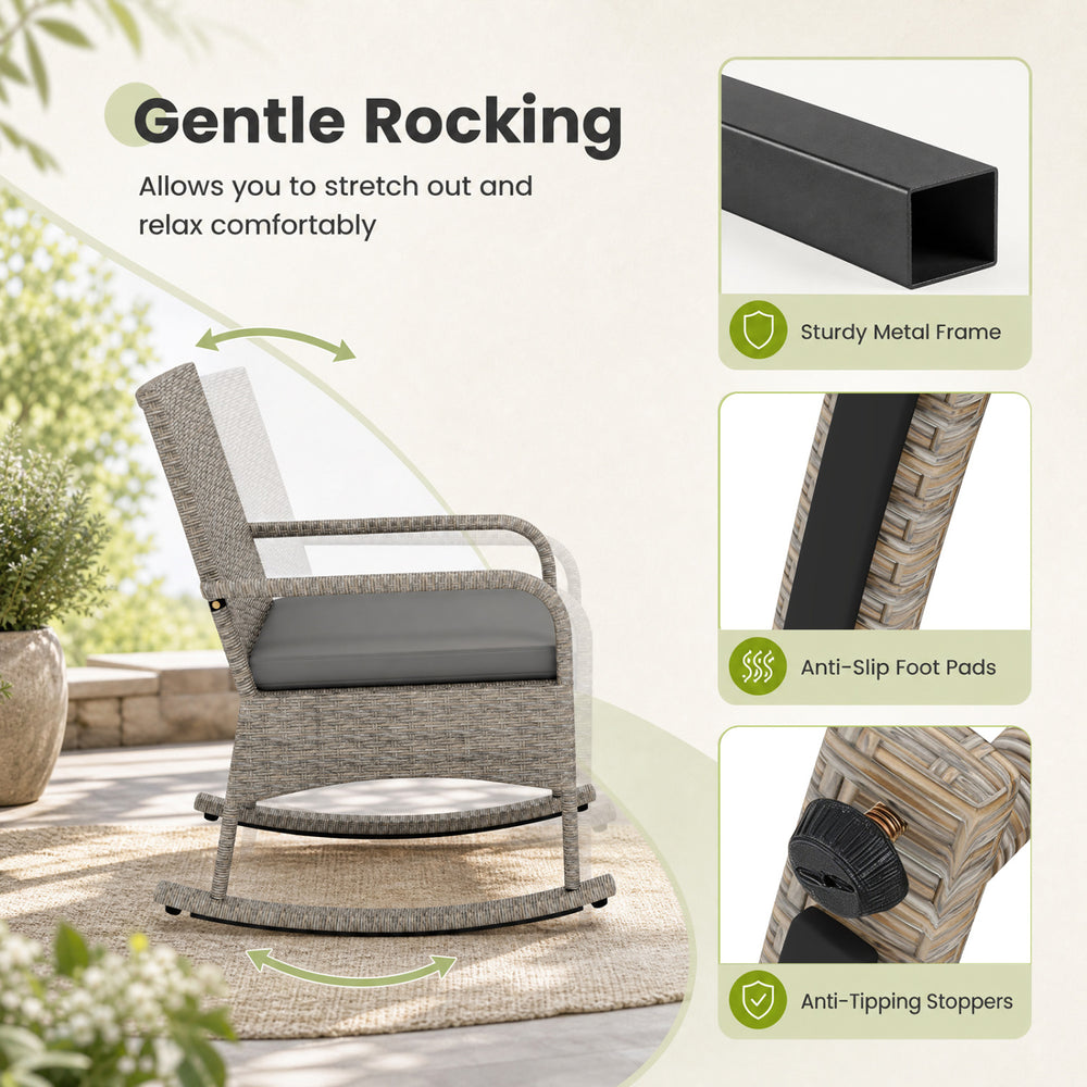 Gray wicker rocking chair from a 3-piece bistro set with cushions, ideal for backyard relaxation and stability.