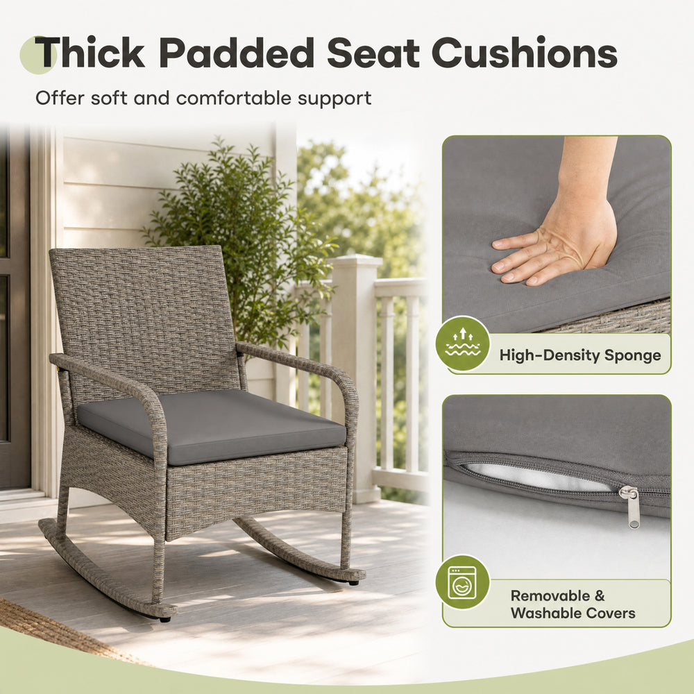 Thick padded seat cushions on a wicker rocking chair provide comfort and support for outdoor relaxation in your garden.