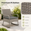 Gray rocking chair made of premium PE rattan with a padded seat cushion, perfect for backyard relaxation.