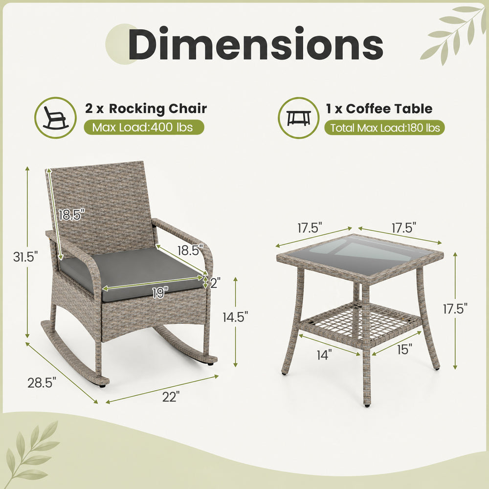 Dimensions of the 3-piece wicker rocking bistro set with gray cushions, including two rocking chairs and a coffee table.