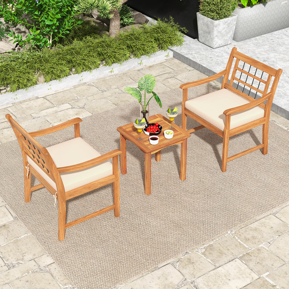 3 Piece Wood Patio Furniture Set with Seat Cushions and Acacia Wood Frame-White - Gallery View 1 of 10