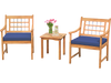 Acacia wood patio furniture set with navy seat cushions, featuring two chairs and a matching coffee table by the.