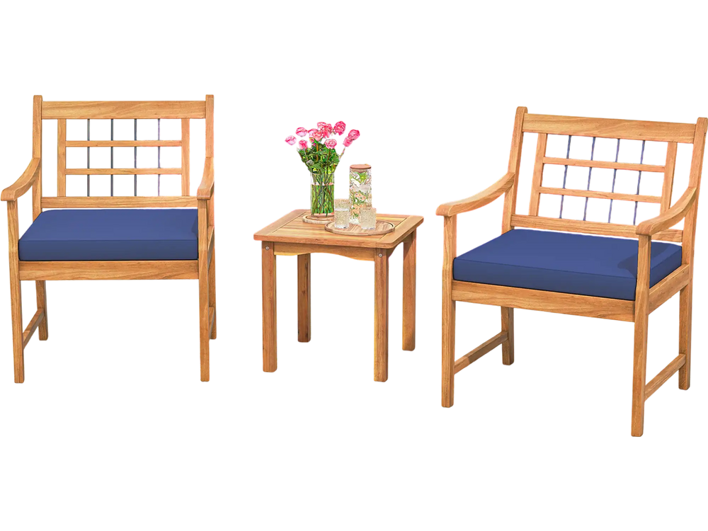 Acacia wood patio furniture set with navy seat cushions, featuring two chairs and a matching coffee table by the.