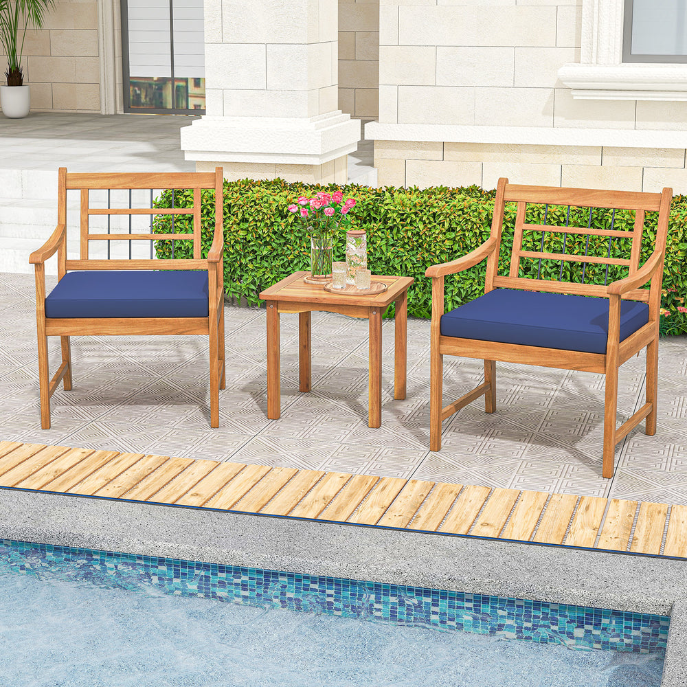 3 Piece Wood Patio Furniture Set with Seat Cushions and Acacia Wood Frame-Navy - Gallery View 1 of 10