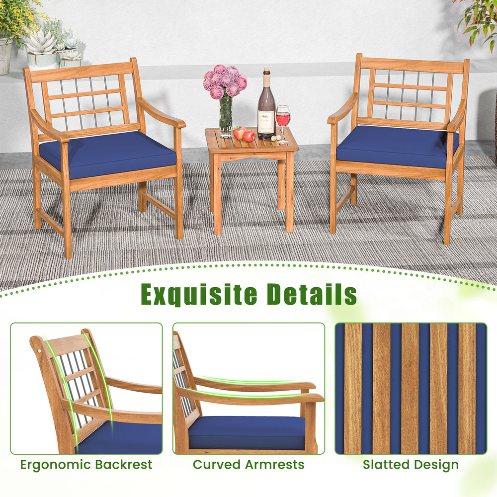 3-piece wood patio furniture set featuring acacia wood chairs with navy seat cushions, perfect for outdoor relaxation.
