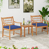 Two acacia wood patio chairs with navy cushions and a matching coffee table, perfect for outdoor relaxation.