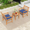 3-piece wood patio furniture set featuring acacia wood chairs with navy cushions, perfect for outdoor relaxation.