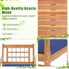 Close-up of the acacia wood frame showcasing its slatted design, ideal for outdoor patio furniture with navy seat.