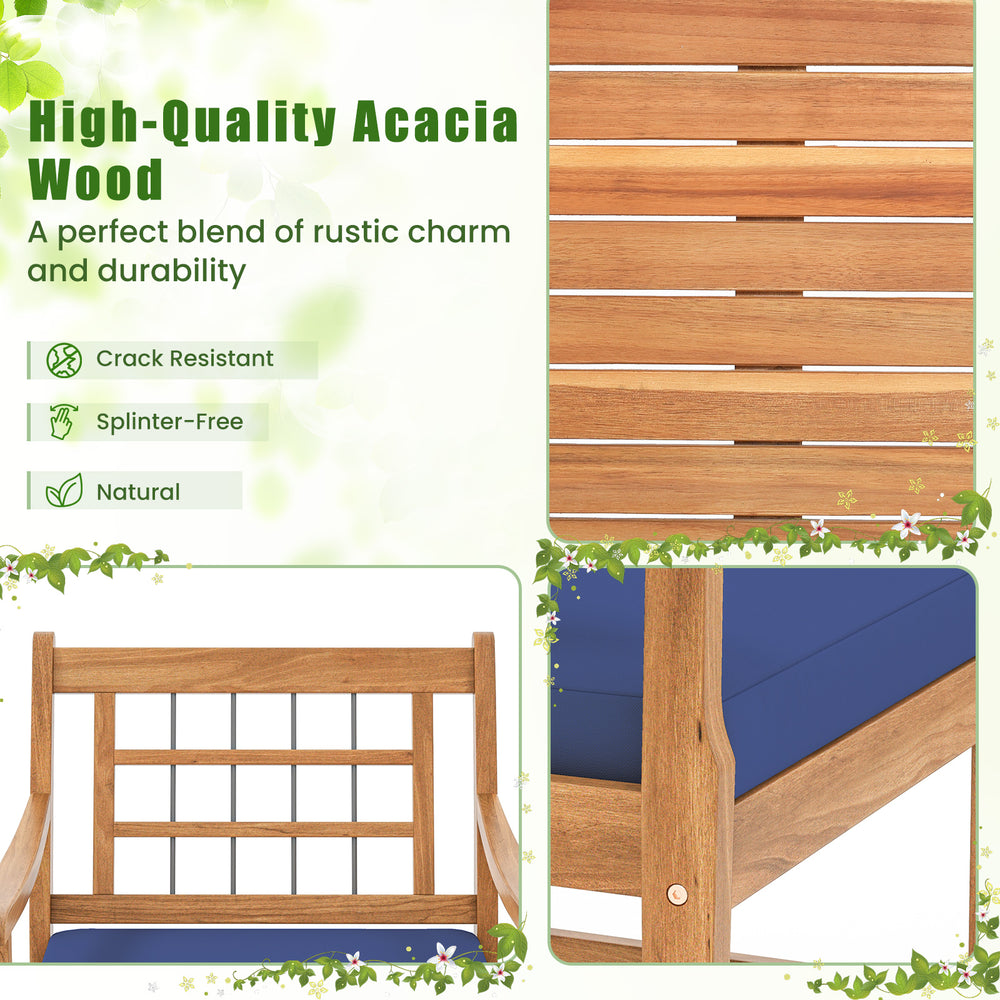 Close-up of the acacia wood frame showcasing its slatted design, ideal for outdoor patio furniture with navy seat.