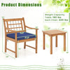 Dimensions of the 3 Piece Wood Patio Furniture Set with navy seat cushions and acacia wood frame for outdoor use.
