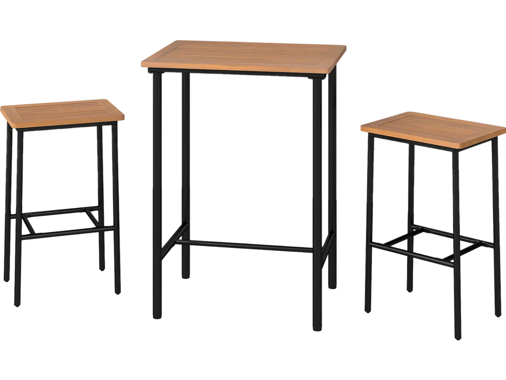 3 Pieces Acacia Wood Patio Bar Set Rectangular Table with Metal Frame