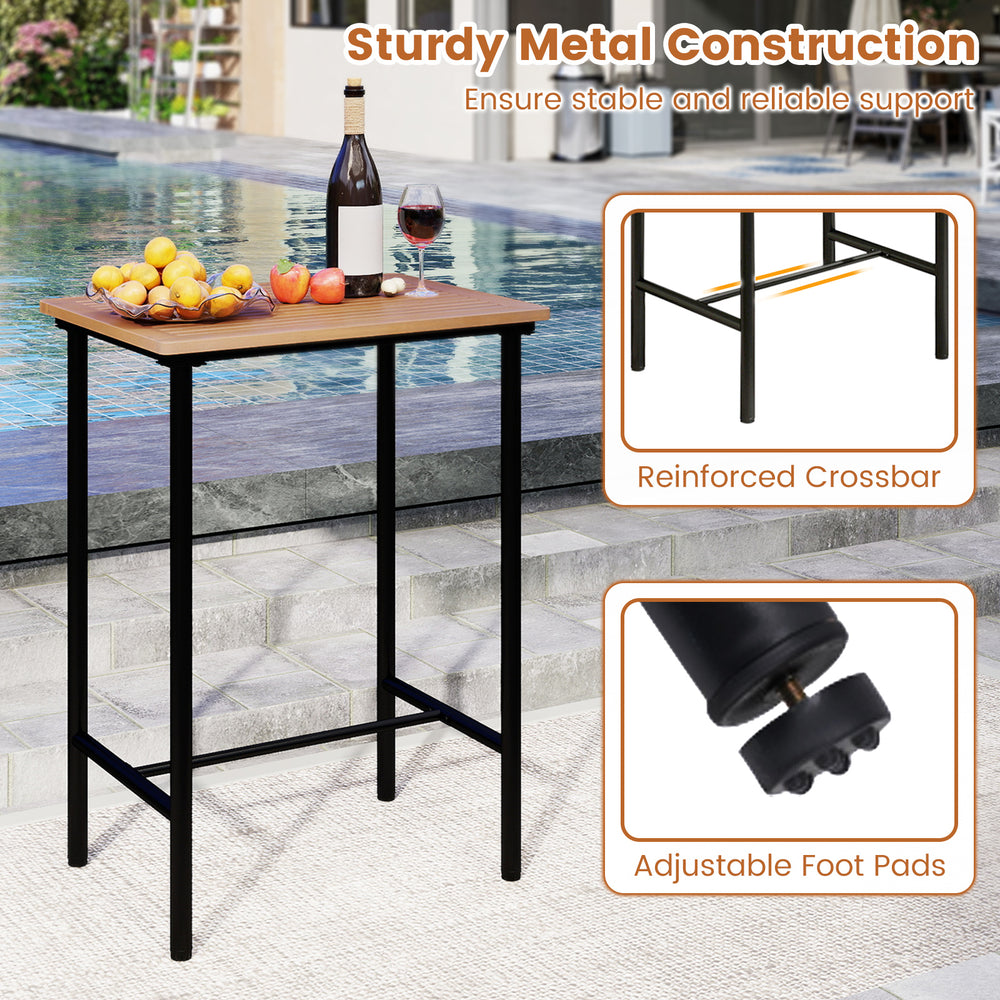 Rectangular acacia wood patio bar table with sturdy metal frame, adjustable foot pads, ideal for outdoor spaces.