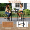 Acacia wood patio bar set featuring a rectangular table and two stools with ergonomic design for comfort and support.