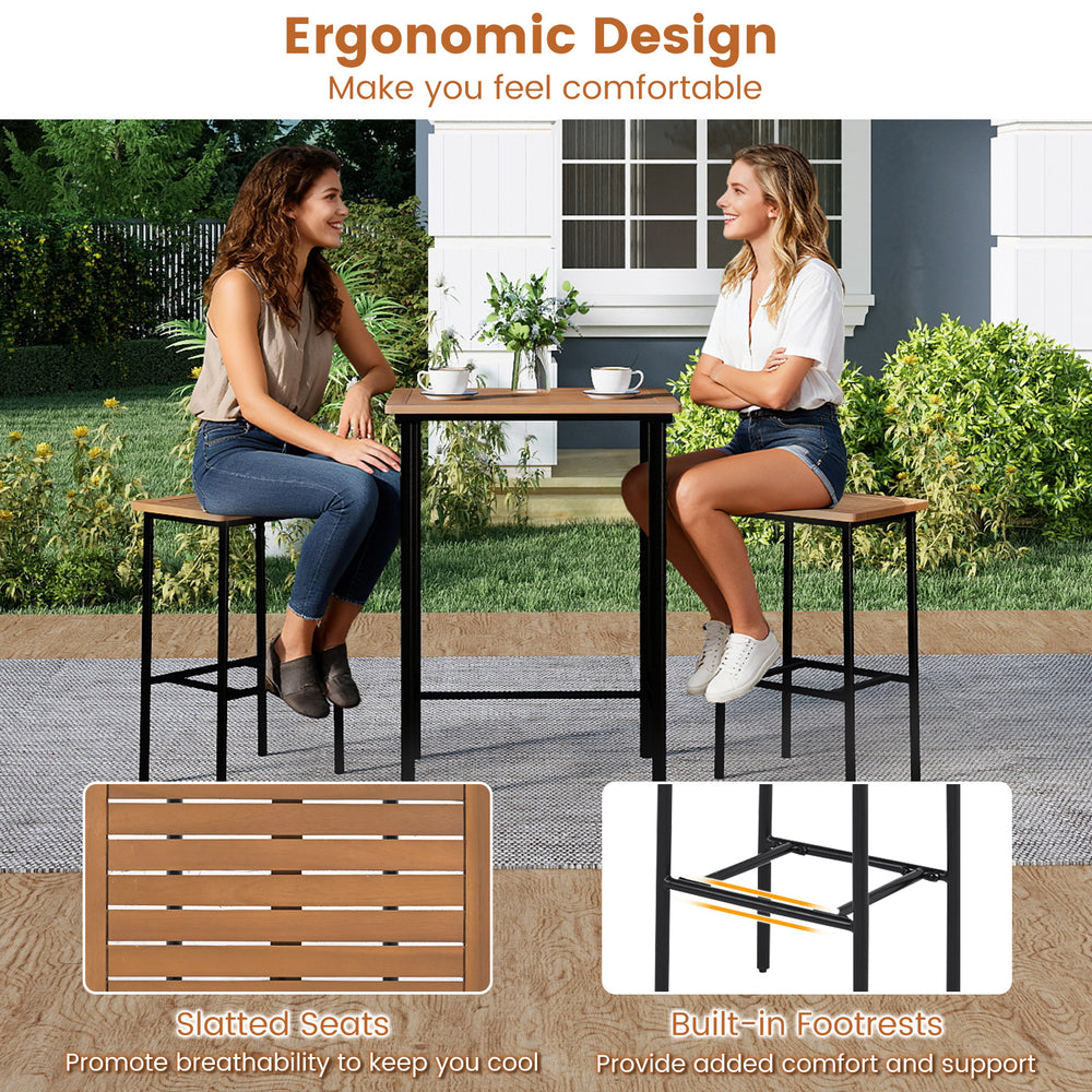 Acacia wood patio bar set featuring a rectangular table and two stools with ergonomic design for comfort and support.