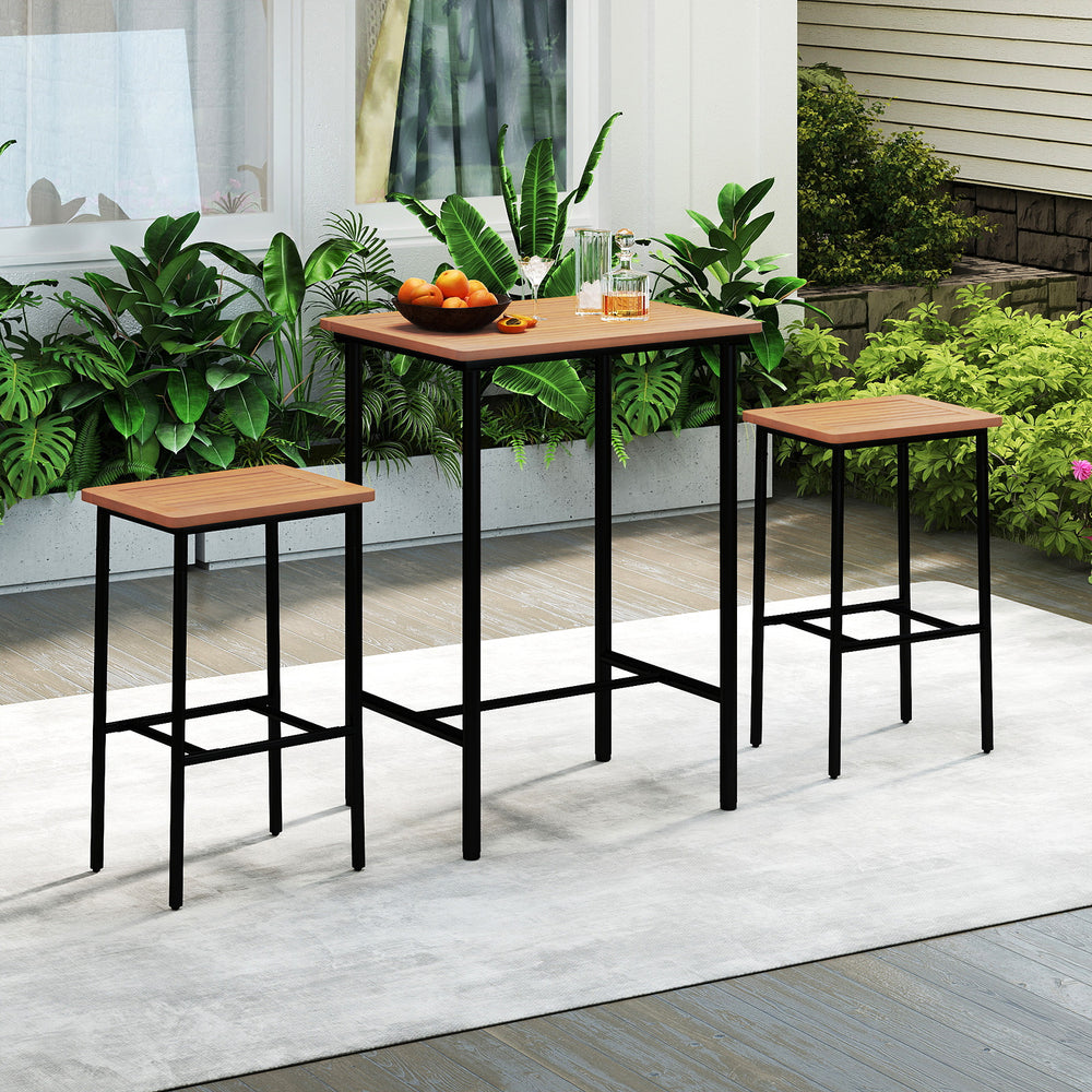 Rectangular acacia wood patio bar set with metal frame, featuring two stools, ideal for outdoor spaces like balconies.