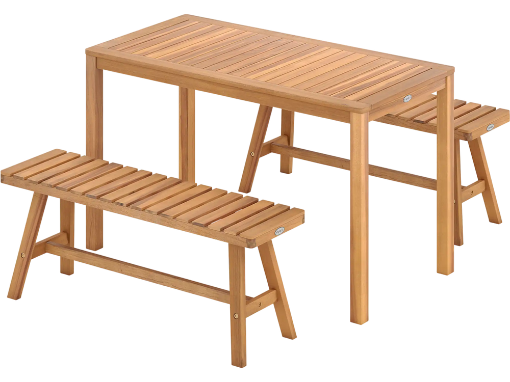 3 Pieces Acacia Wood Patio Dining Set Outdoor Rectangular Table and Benches with Slatted Seats