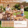 Acacia wood patio dining set featuring a spacious rectangular table and slatted benches for outdoor gatherings.