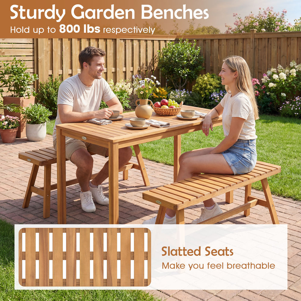 Acacia wood patio dining set featuring a spacious rectangular table and slatted benches for outdoor gatherings.