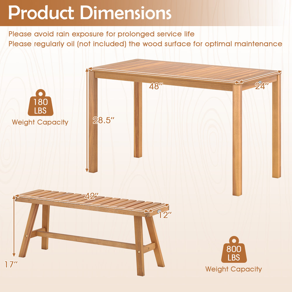 Acacia wood patio dining set featuring a rectangular table and two benches with slatted seats, ideal for outdoor use.