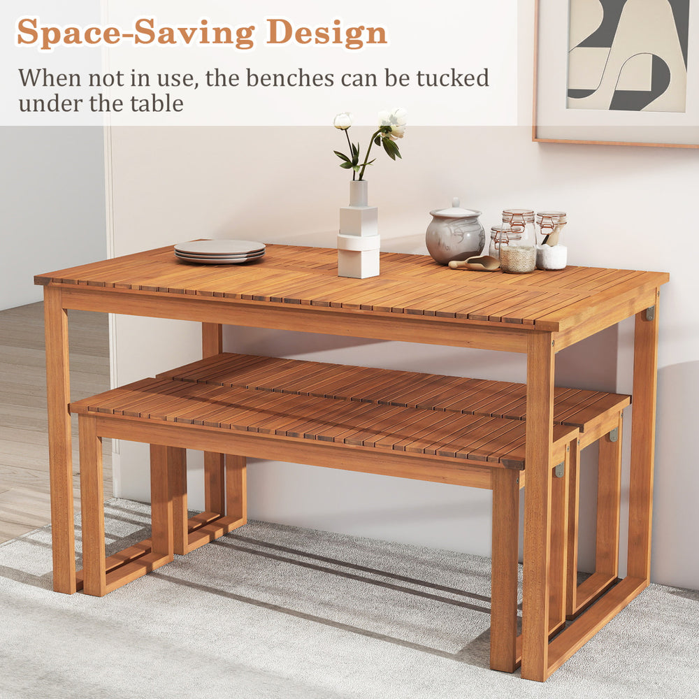 Acacia wood picnic set featuring a spacious outdoor dining table and two benches, perfect for patio or garden use.