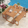 Acacia wood picnic set featuring a large outdoor dining table and two benches, ideal for patio or poolside use.