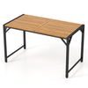 Acacia wood patio dining table with a robust metal structure and umbrella hole, perfect for outdoor dining.