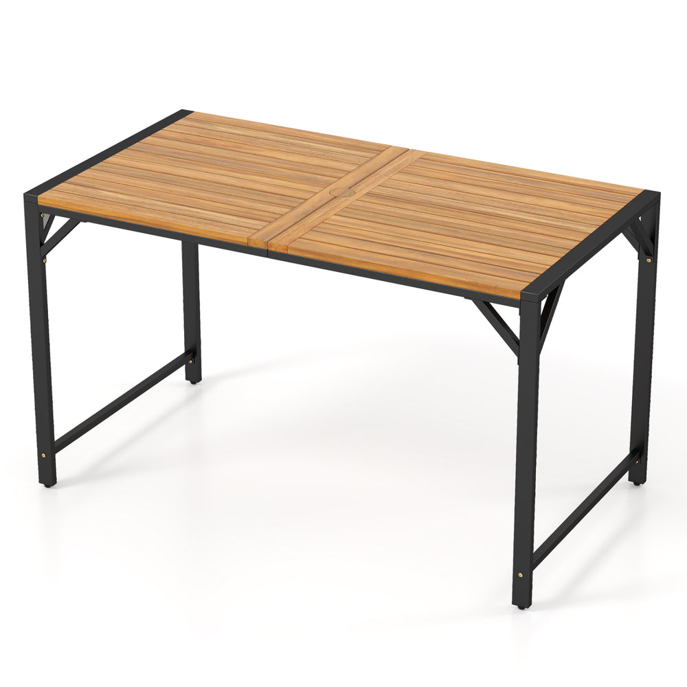 Acacia wood patio dining table with a robust metal structure and umbrella hole, perfect for outdoor dining.
