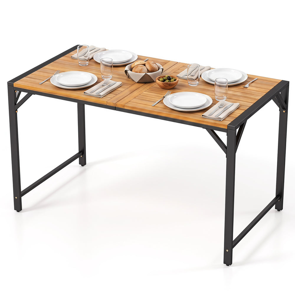 Acacia wood patio dining table set with umbrella hole, seating up to 6 people, ideal for backyard or garden use.