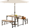 Acacia wood patio dining table set with two benches, featuring an umbrella hole, ideal for outdoor gatherings by the pool.