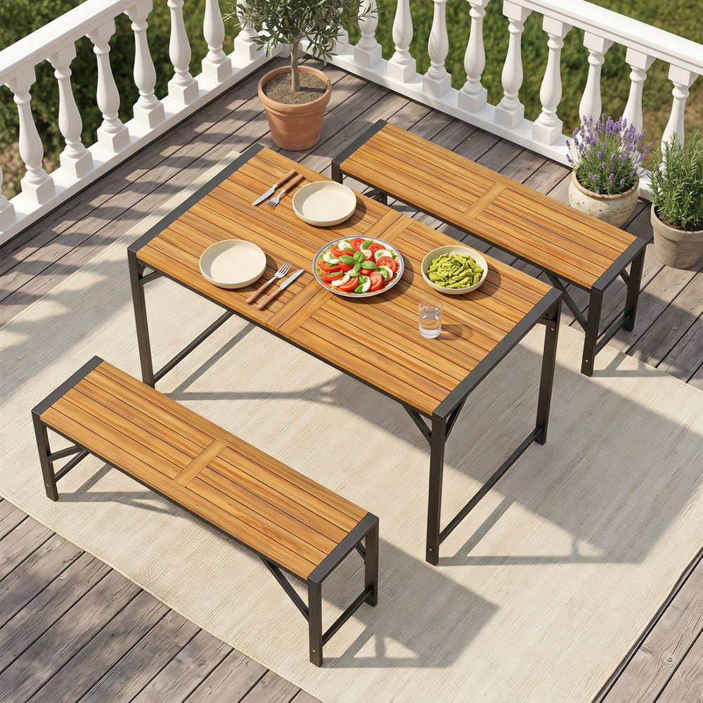 Acacia wood patio dining table set with umbrella hole, featuring a sturdy metal frame and seating for up to 6 people.