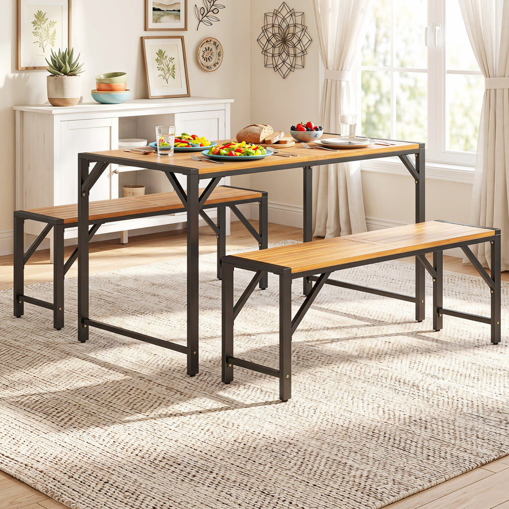 Acacia wood patio dining table set with umbrella hole, includes table and two benches, perfect for outdoor gatherings.