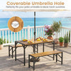 Acacia wood patio dining table set with coverable umbrella hole, seating up to 6 people, perfect for outdoor spaces.