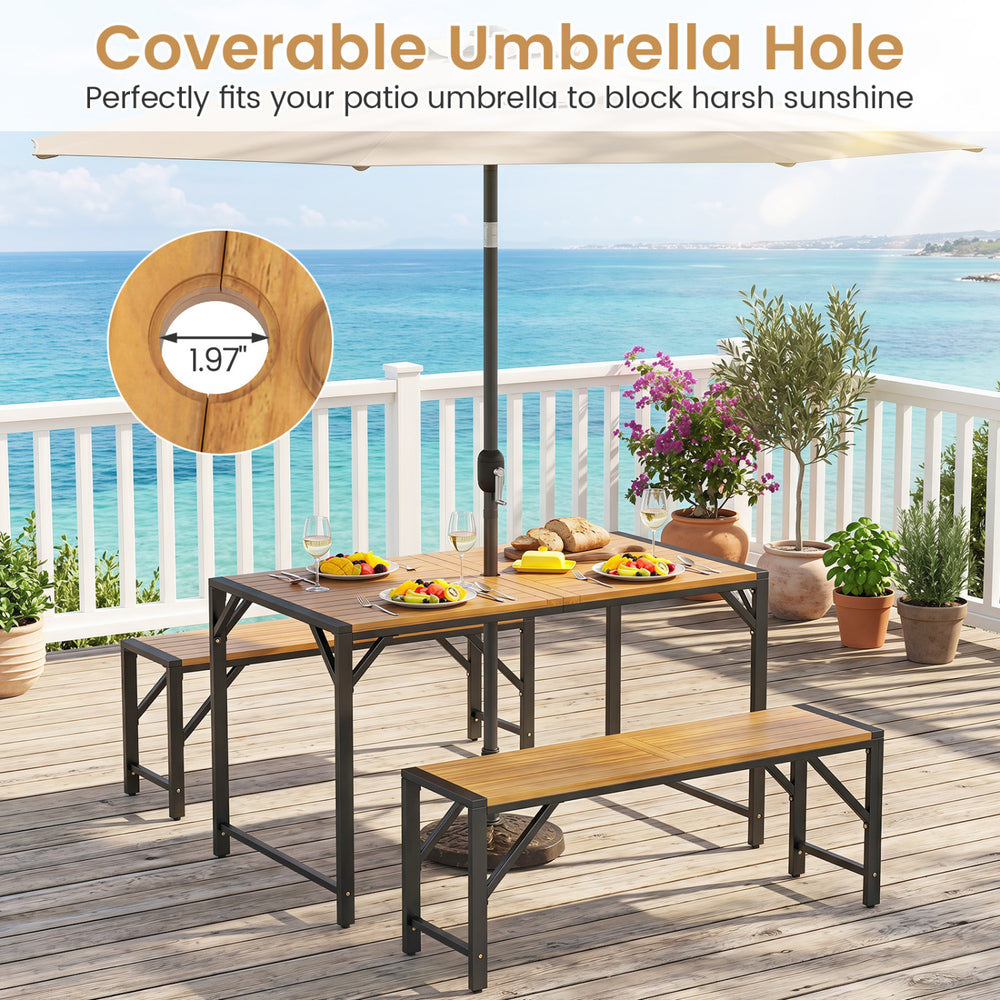 Acacia wood patio dining table set with coverable umbrella hole, seating up to 6 people, perfect for outdoor spaces.
