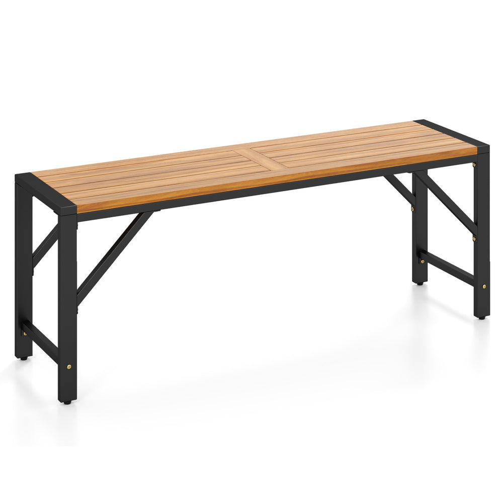 Acacia wood outdoor bench with slatted seat, 47.5" long, supports up to 800 lbs, ideal for backyard or patio use.