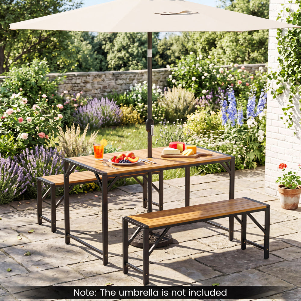 Acacia wood outdoor bench with slatted seat, 47.5" long, suitable for backyard and patio seating for two people.