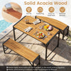Acacia wood outdoor bench with slatted seat, sturdy metal frame, and 800 lbs capacity, perfect for backyard seating.