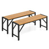 Set of 2 backless acacia wood outdoor benches with slatted seats, ideal for backyard seating and stability.