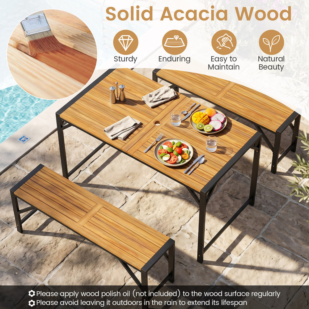 Backless acacia wood outdoor bench set with slatted seat, sturdy metal framework, ideal for backyard and patio use.