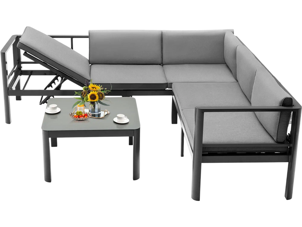 L-shaped aluminum patio furniture set with gray cushions and adjustable backrest, perfect for indoor or outdoor use.