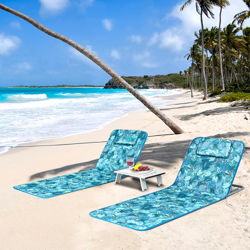 3 Pieces Beach Lounge Chair Mat Set 2 Adjustable Lounge Chairs with Table Stripe-Green - Gallery View 1 of 10
