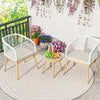 Two white PE wicker chairs with soft cushions and a round coffee table, perfect for outdoor bistro settings.