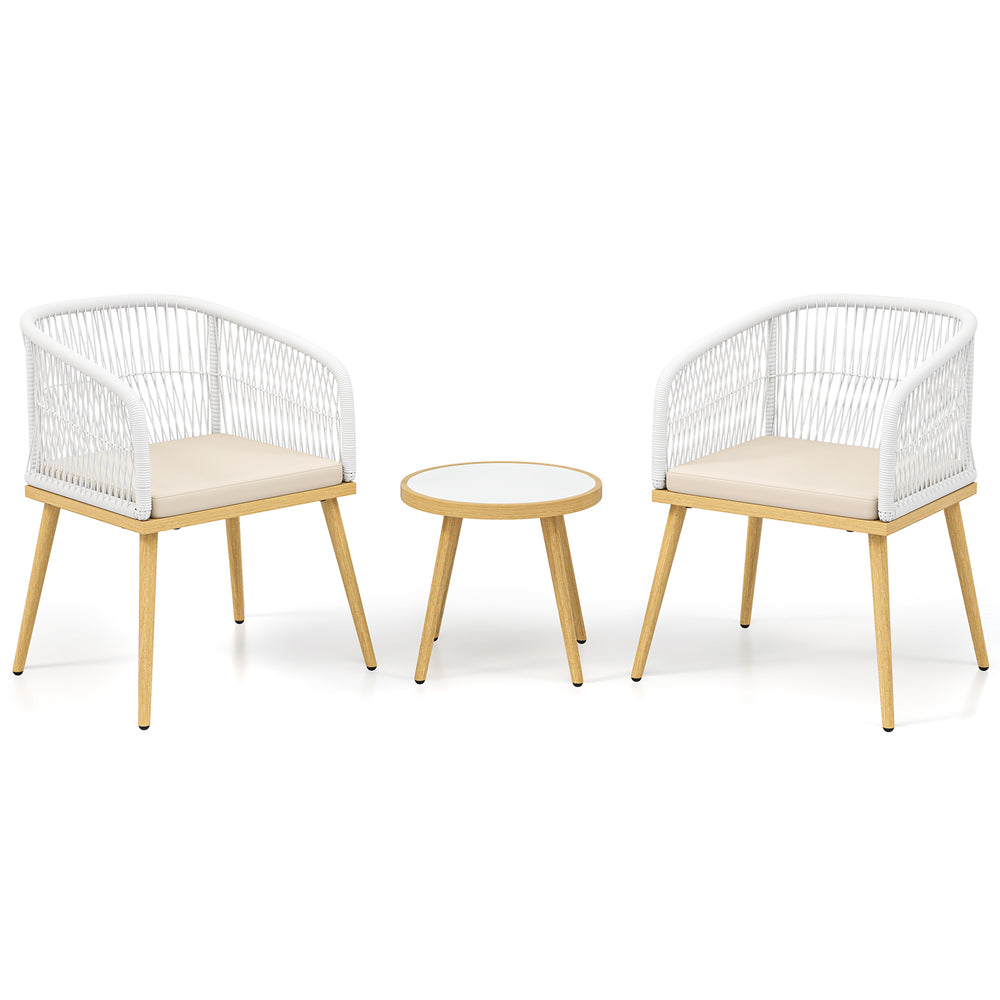 Two white PE wicker chairs and a round coffee table, perfect for small outdoor spaces like patios or balconies.