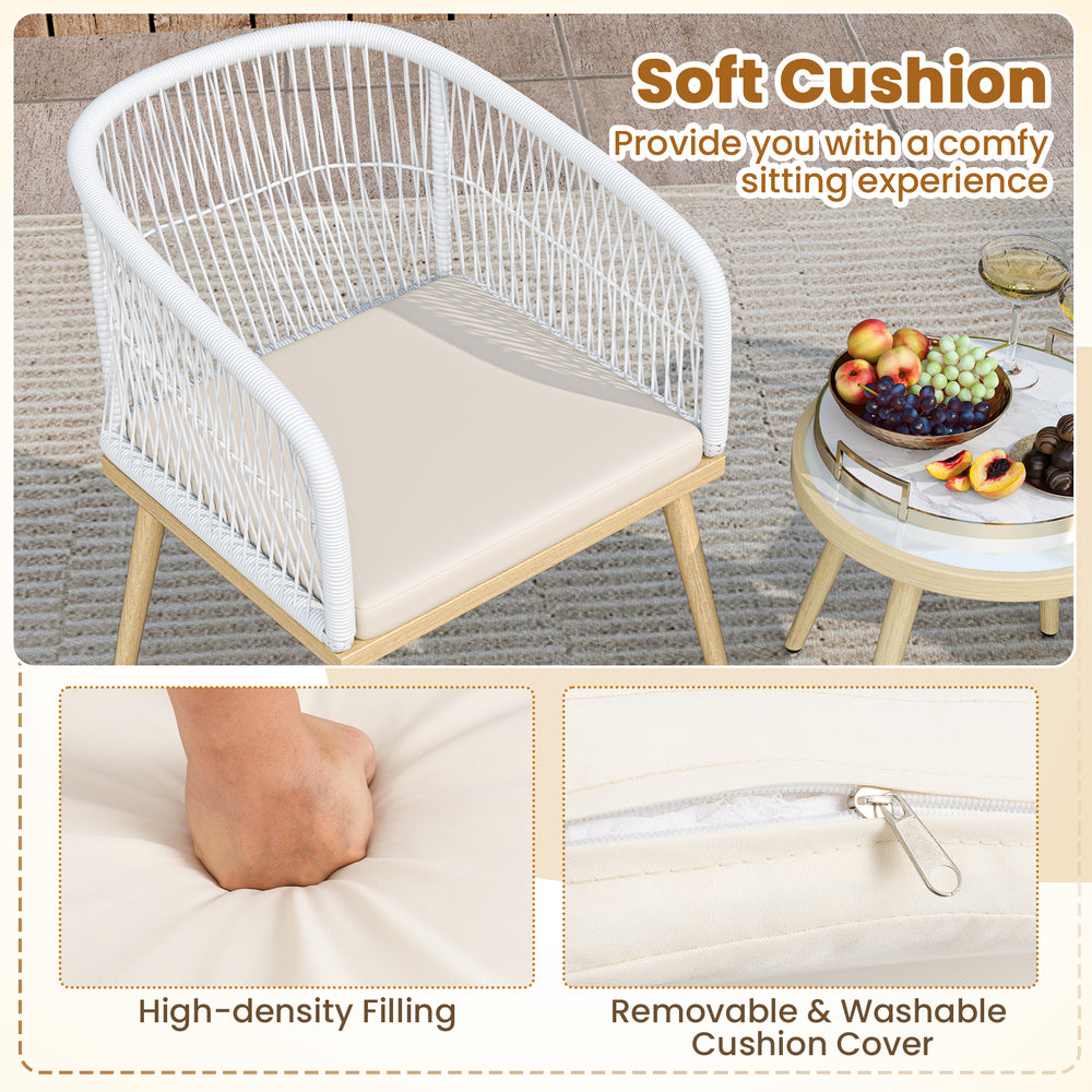 Single outdoor chair with soft cushion, made of PE rattan, perfect for small patios or balconies.