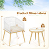 Dimensions of the 3-piece outdoor bistro set featuring a white PE wicker chair and round coffee table for small spaces.