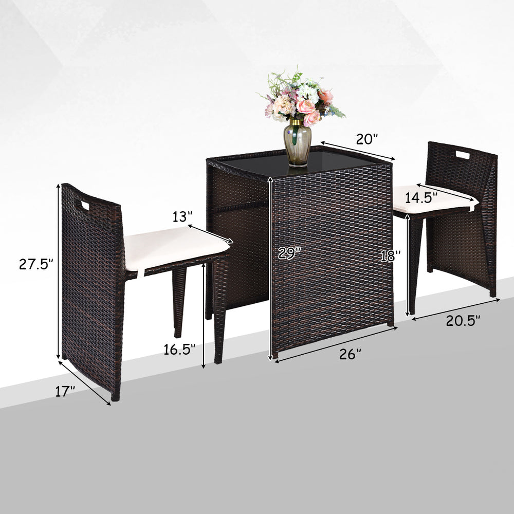 Cushioned wicker patio bistro set featuring a space-saving design, strong steel frame, and ideal for outdoor relaxation.
