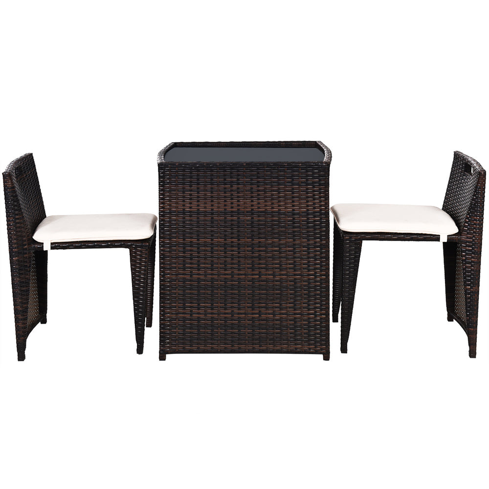 Cushioned wicker patio bistro set featuring a space-saving design, strong steel frame, ideal for outdoor relaxation.