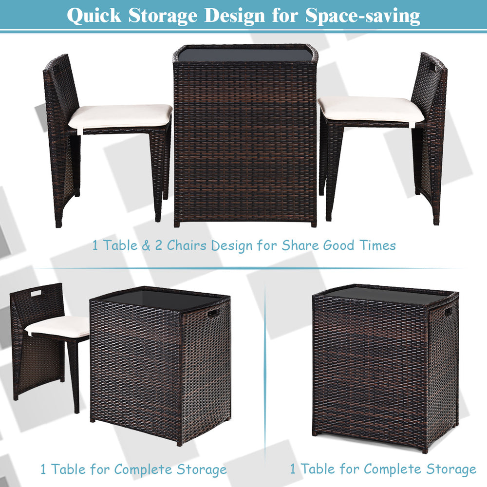 3-piece cushioned wicker patio bistro set with space-saving design, ideal for garden or poolside relaxation.